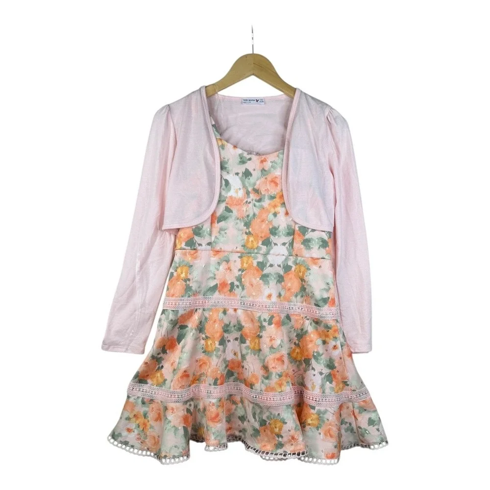 New Knit Works Floral Print Dress/Cardigan Set size 14.5 Girls Pink/Green‎